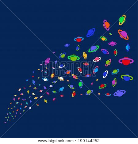 Fountain of planet saturn symbols. Vector illustration style is flat bright multicolored planet saturn iconic symbols on a blue background. Object fountain combined from scattered pictograms.