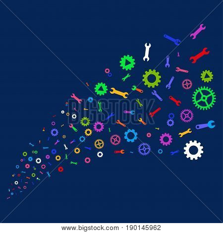 Source stream of setup tools symbols. Vector illustration style is flat bright multicolored setup tools iconic symbols on a blue background. Object stream done from random symbols.