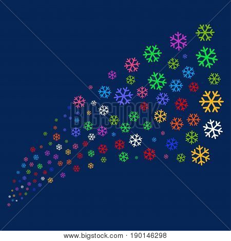 Source of snowflake icons. Vector illustration style is flat bright multicolored snowflake iconic symbols on a blue background. Object source done from scattered icons.