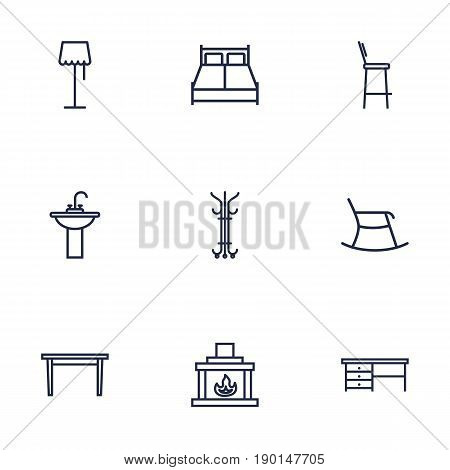 Set Of 9 Set Outline Icons Set.Collection Of Double Bed, Washbasin, Desk And Other Elements.