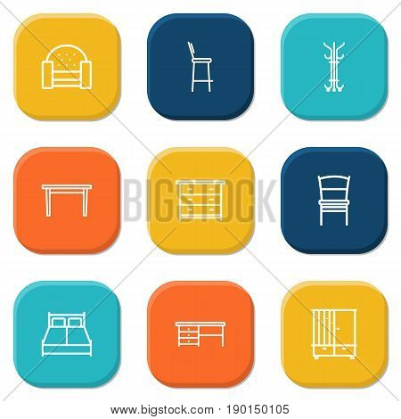Set Of 9 Situation Outline Icons Set.Collection Of Desk, Drawer Unit, Table And Other Elements.