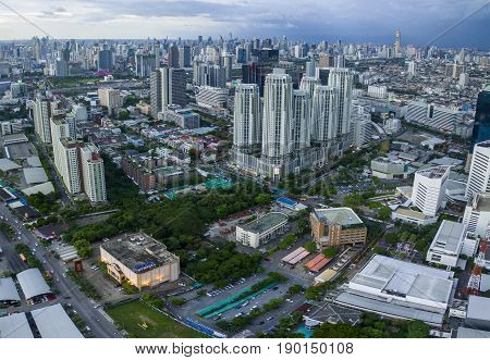 BANGKOK THAILAND - JUNE 82017 : aerial view of modern skyscraper at ratchadaphisek road newly business center in thailand capital