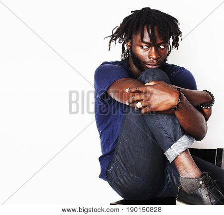 young handsome afro american man, angry look, weed junky isolated on white, problem teenage, depression greef