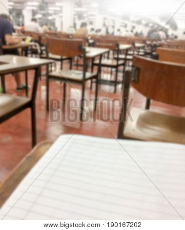 Abstract blurred Examination paper school classroom chairs
