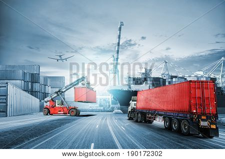 Logistics import export background and transport industry of Container Cargo freight ship at sunset sky