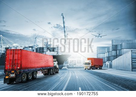 Logistics import export background and transport industry of Container Cargo freight ship at sunset sky