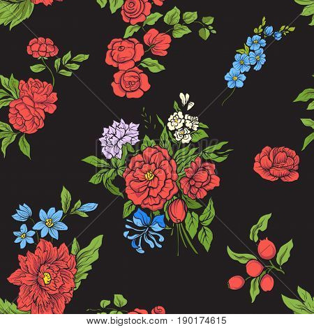 Seamless pattern with vintage embroidered flowers in vintage style on black background.Stock line vector illustration.