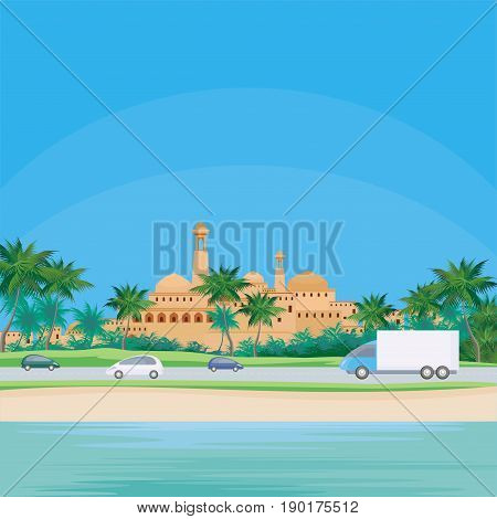 The image of a coastal town. The road along the sea. Beautiful summer landscape. Vector background.