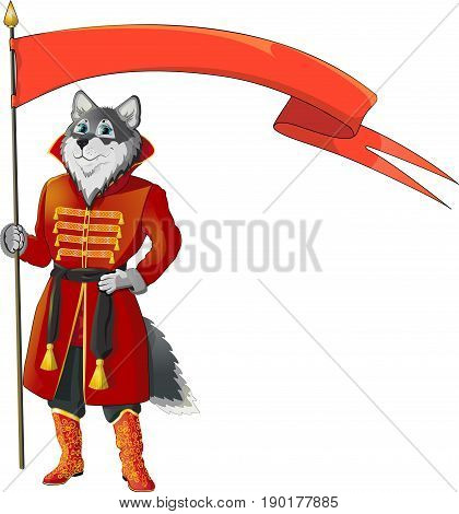 Wolf with flag isolated on white background