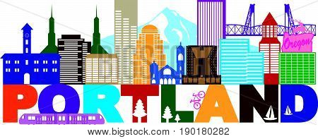 Portland Oregon Outline Silhouette with City Skyline Downtown Panorama and Text Color Isolated on White Background vector  Illustration