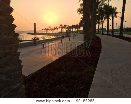 Sunset in the MIA (Museum of Islamic Art) Park, located on one end of the seven kilometers long Corniche in the Qatari capital, Doha.