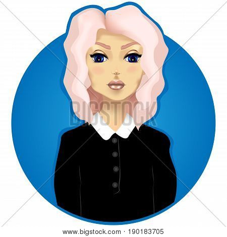 Bright vector illustration. Beautiful girl with big eyes pink hair