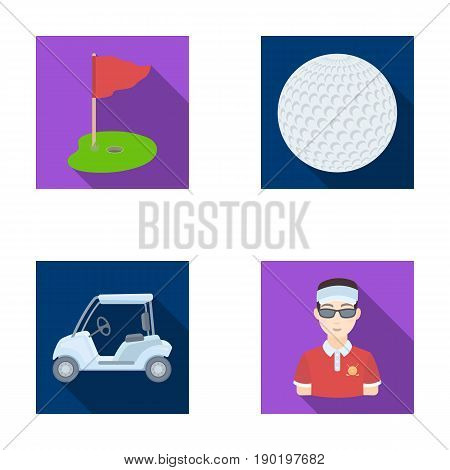 Field with a hole and a flag, a golf ball, a golfer, an electric golf cart.Golf club set collection icons in flat style vector symbol stock illustration .