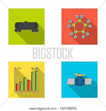 Railway tank, chemical formula, oil price chart, pipeline valve. Oil set collection icons in flat style vector symbol stock illustration .