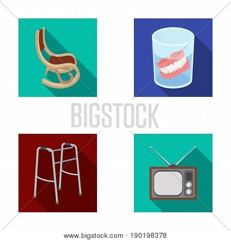 Denture, rocking chair, walker, old TV.Old age set collection icons in flat style vector symbol stock illustration .