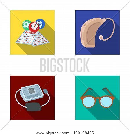 Lottery, hearing aid, tonometer, glasses.Old age set collection icons in flat style vector symbol stock illustration .