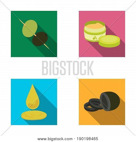 Olives on skewers. A piece of black olives, a jar of cream, a drop of oil.Olives set collection icons in flat style vector symbol stock illustration .