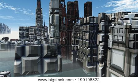 Birdseye view of the future city 3D render