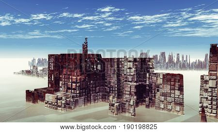 Birdseye view of the future city 3D render