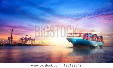 Logistics and transportation of International Container Cargo ship in the ocean at twilight sky Freight Transportation Shipping