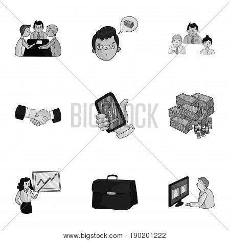 A set of pictures about the transaction, work, office. Office center, analytics.Business conference and ntgotiations icon in set collection on monochrome style vector symbol stock  illustration.