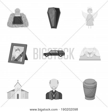 Funeral ceremony, cemetery, coffins, priest.Funeral ceremony icon in set collection on monochrome style vector symbol stock  illustration.