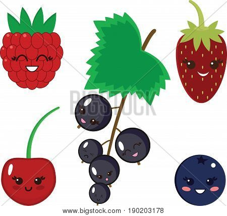 Funny and cute set of vector berries. Cherry, strawberry, blueberry, black currant and raspberry.