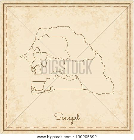 Senegal Region Map: Stilyzed Old Pirate Parchment Imitation. Detailed Map Of Senegal Regions. Vector