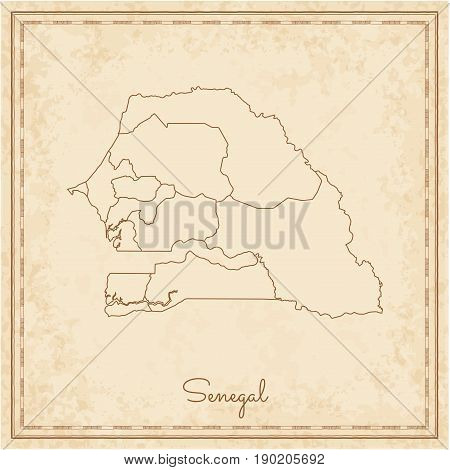 Senegal Region Map: Stilyzed Old Pirate Parchment Imitation. Detailed Map Of Senegal Regions. Vector