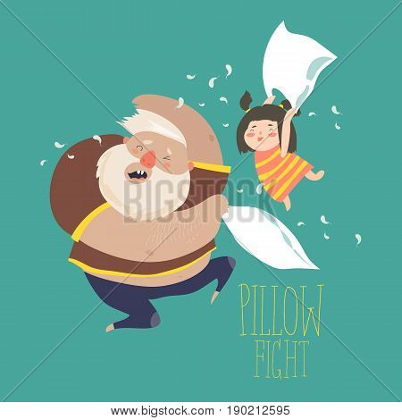 Dad and daughter playing pillow. Vector illustration