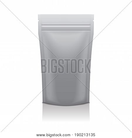 Blank Silver Foil Food or Cosmetic Doy Pack Pouch Sachet Bag Packaging with Zipper. Vector Isolated Mock up temlate for your design