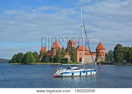 TRAKAI LITHUANIA SEPTEMBER 14 2015: Trakai Island Castle is an island castle located in Trakai, Lithuania on an island in Lake Galve. The castle is sometimes referred to as 
