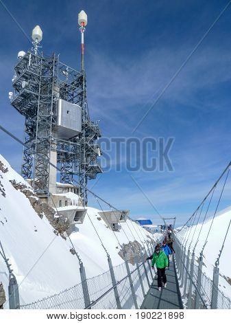 Cliff Walk In Front Of Transmission Antennas Of Mount Titlis