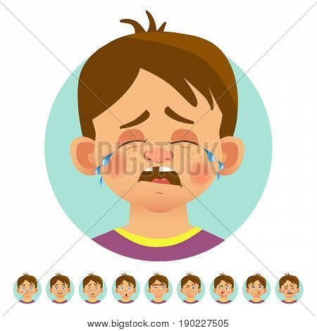 Set of human emotions. Facial expression. Set of emoticons. Cry
