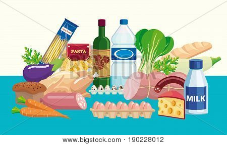 Foodstuffs. Set of food and drinks. Color vector illustration