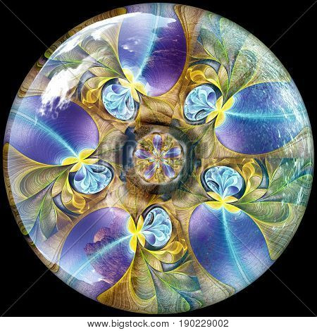 3D rendering of glossy button with colorful fractal ornament embellishment