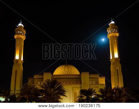 Night Exterior view to Al Fateh Mosque in Manama Bahrain