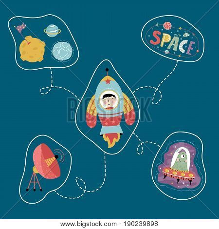 Space icons in cartoon style. Rocket with astronaut, flying saucer with alien, antenna, planets, text collage vector  isolated on blue background set. Astronomic funny illustration for childrens book