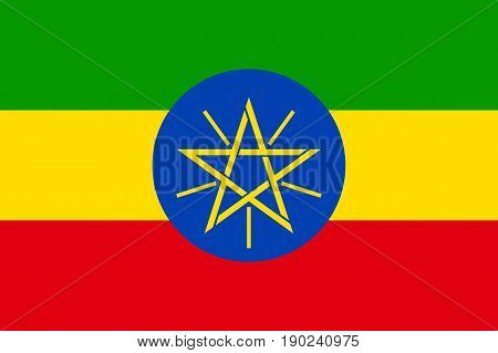 National flag of Ethiopia. Sign african state in proportion correctly and official colors red, green, yellow. Patriotic sign Eastern Africa country. Vector icon illustration