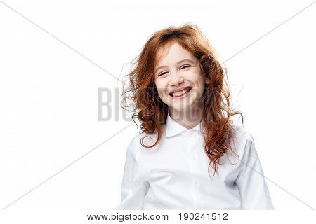 Joyful child laughing on isolated background, girl laughing.