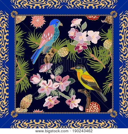 Silk scarf pattern with flowers, pine branches and fantasy birds. Chinese, Japanese, Korean motifs. Vintage textile collection. Black, blue, golden.
