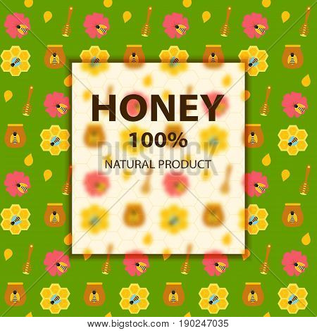 Honey and bee banner on green. Vector illustration of objects apiculture.