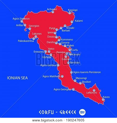 Island Of Corfu In Greece Red Map Illustration