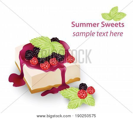Summer sweet cheesecake with berry fruits syrop. Delicious fresh dessert Vector illustration