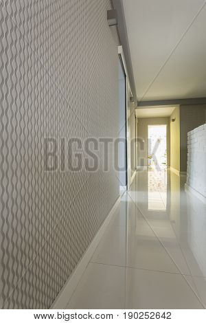 Bright House Corridor With Grey Wallpaper