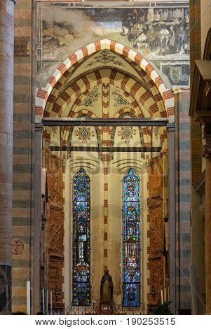 VERONA ITALY - MAY 1 2016 - Interior of Sant'Anastasia Church in Verona Italy. Sant'Anastasia is a church of the Dominican Order in Verona it was built in 1280 -1400