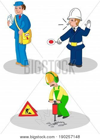 Postman warden and building contractor set of illustrated jobs