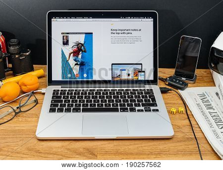 PARIS FRANCE - JUNE 6 2017: Apple Computers website on MacBook Retina in creative environment showcasing latest macOS High Sierra from Apple at WWDC 2017 - new notes app