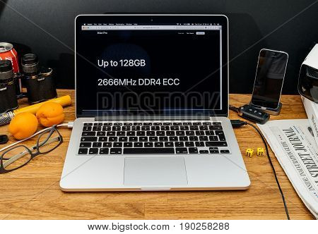 PARIS FRANCE - JUNE 6 2017: Apple Computers website on MacBook Retina in creative environment showcasing latest iMac Pro from Apple at WWDC 2017 - Ram 128 266 Mhz DDR4 for the new iMac