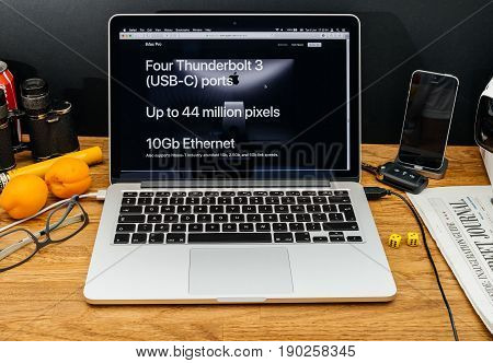 PARIS FRANCE - JUNE 6 2017: Apple Computers website on MacBook Retina in creative environment showcasing latest iMac Pro from Apple at WWDC 2017 - Thunderbolt 3 and 10Gb Ethernet